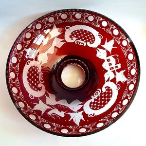 Vintage Egermann Bohemian Ruby Cut to Clear Glass Centerpiece Bowl Czech Glass